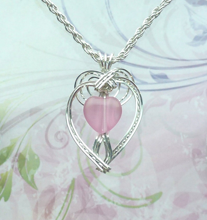 Heart Shaped Pink Womans Pendant Wire Wrapped Jewelry Handmade in Silver with FREE SHIPPING image 1