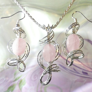 Pink Rose Quartz Earrings and Pendant Set Wire Wrapped Womans Jewelry Handmade in Silver with FREE SHIPPING image 1