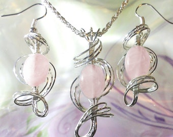 Pink Rose Quartz Earrings and Pendant Set Wire Wrapped Womans Jewelry Handmade in Silver with FREE SHIPPING