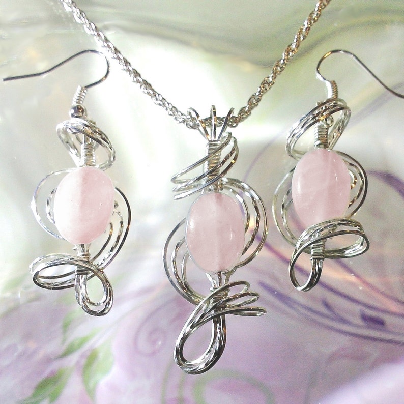 Pink Rose Quartz Earrings and Pendant Set Wire Wrapped Womans Etsy