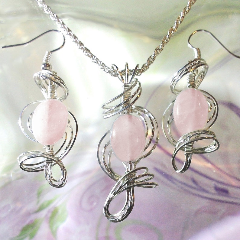 Pink Rose Quartz Earrings and Pendant Set Wire Wrapped Womans Jewelry Handmade in Silver with FREE SHIPPING image 1