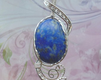 Vibrant Blue Lapis Lazuli Womans Pendant Necklace Wire Wrapped Jewelry Handmade in Silver With Free Shipping