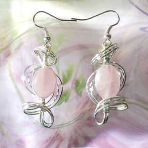 Pink Rose Quartz Earrings and Pendant Set Wire Wrapped Womans Jewelry Handmade in Silver with FREE SHIPPING image 3