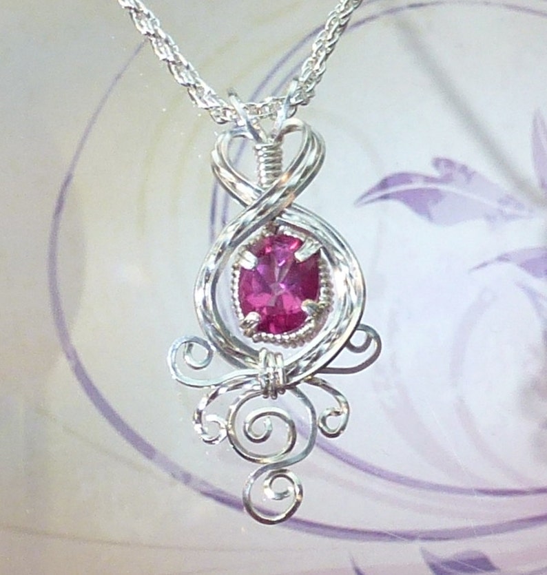 Pink Sapphire Womans Pendant Necklace Wire Wrapped Jewelry Handmade in Silver FREE SHIPPING image 2