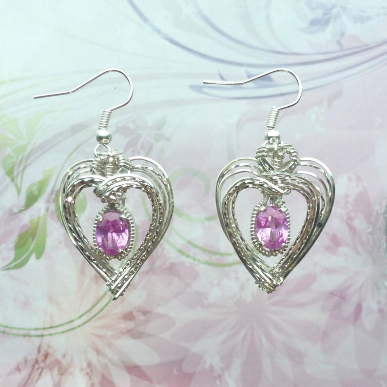 Nested Heart Birthstone Dangle Earrings Wire Wrapped Jewelry Handmade in Silver FREE SHIPPING image 1