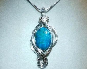 Turquoise Blue Sea Jasper Pendant Womans Necklace Pendant Wire Wrapped Jewelry Handmade in Silver with Free Shipping