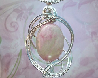 Pink Peruvian Opal Necklace Pendant Wire Wrapped Jewelry Handmade in Silver