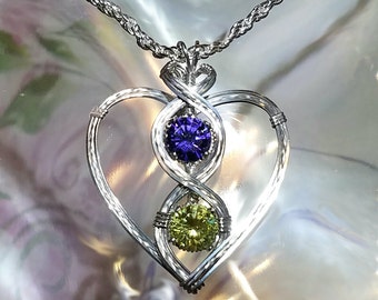 Petite Two Hearts Birthstone Engagement Wedding Necklace Gift For Her Wire Wrapped Handmade in Silver