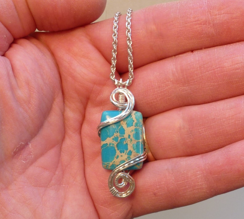 Blue Turquoise Jasper Womans Pendant Necklace Wire Wrapped Jewelry Handmade in Silver with Free Shipping image 2