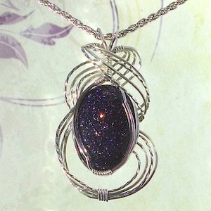 Blue Goldstone Pendant Necklace Wire Wrapped Jewelry Handmade in Silver with Free Shipping