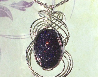 Blue Goldstone Pendant Necklace Wire Wrapped Jewelry Handmade in Silver with Free Shipping