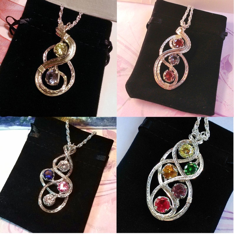 Mom and Child Birthstone Necklace Pendant With Multiple Birthstones Handmade in Silver image 3