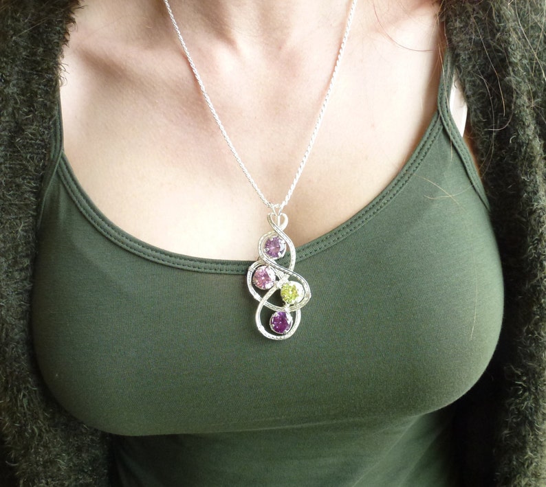 Mom and Child Birthstone Necklace Pendant With Multiple Birthstones Handmade in Silver image 5