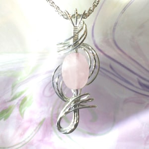 Pink Rose Quartz Pendant Necklace Wire Wrapped Jewelry Handmade in Silver with FREE SHIPPING