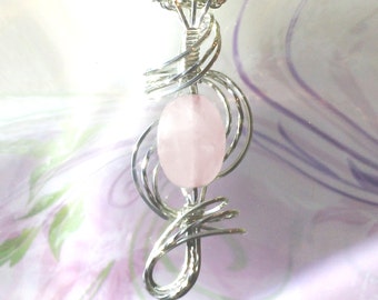 Pink Rose Quartz Pendant Necklace Wire Wrapped Jewelry Handmade in Silver with FREE SHIPPING