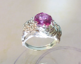 Pink Sapphire Womens Ring Wire Wrapped Jewelry Handmade in SIlver FREE SHIPPING