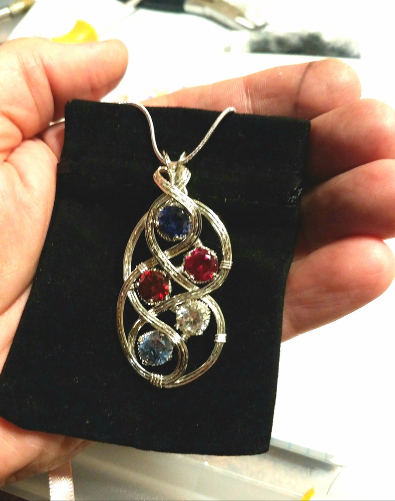 Mom and Child Birthstone Necklace Pendant With Multiple Birthstones Handmade in Silver image 7