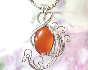 Red Carnelian Womans Pendant Wire Wrapped Jewelry Handmade in Silver With Free Shipping