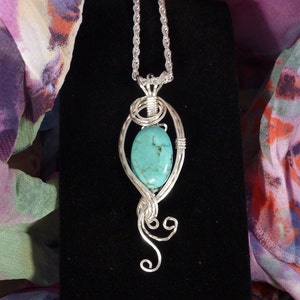 FREE SHIPPING Stabilized Turquoise Pendant Wire Wrapped Jewelry Handmade in Silver