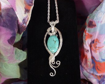 FREE SHIPPING Stabilized Turquoise Pendant Wire Wrapped Jewelry Handmade in Silver
