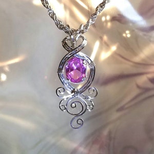 Pink Sapphire Womans Pendant Necklace Wire Wrapped Jewelry Handmade in Silver FREE SHIPPING image 1