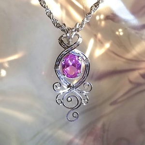 Pink Sapphire Womans Pendant Necklace Wire Wrapped Jewelry Handmade in Silver FREE SHIPPING image 1