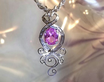 Pink Sapphire Womans Pendant Necklace Wire Wrapped Jewelry Handmade in Silver FREE SHIPPING