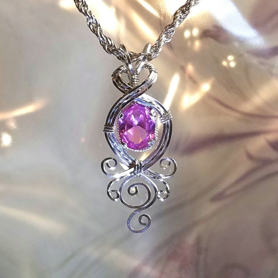 Pink Sapphire Womans Pendant Necklace Wire Wrapped Jewelry Handmade in Silver FREE SHIPPING