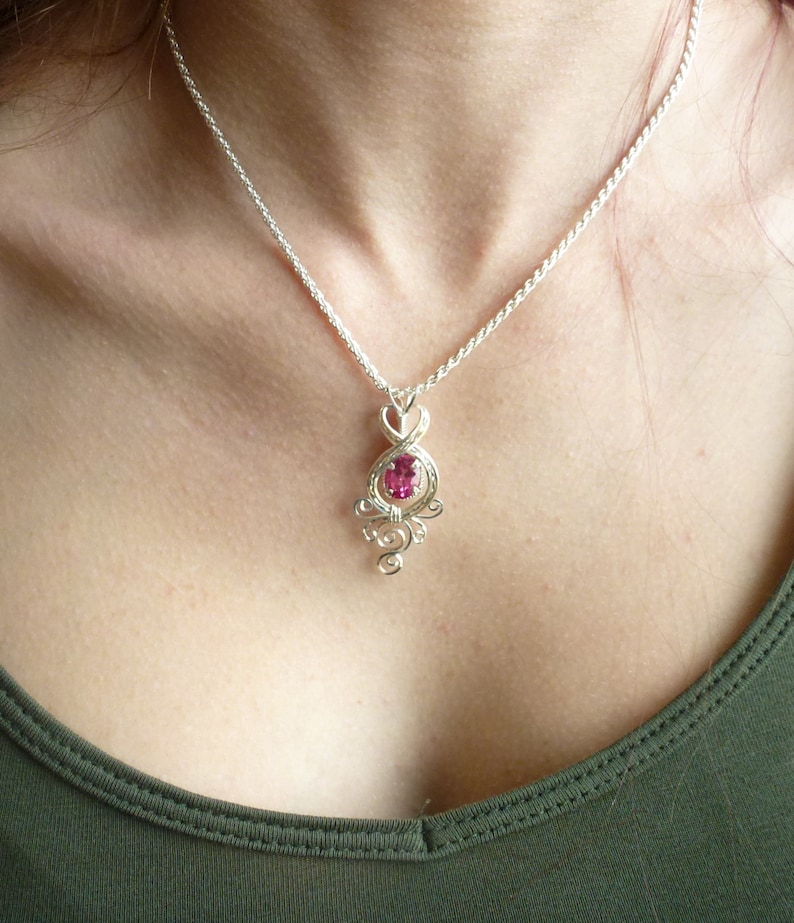 Pink Sapphire Womans Pendant Necklace Wire Wrapped Jewelry Handmade in Silver FREE SHIPPING image 4