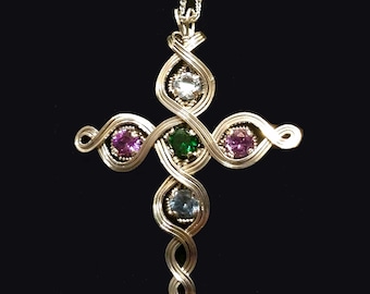 Mothers Birthstone Cross Necklace Pendant With Multiple Birthstones Handmade in Silver