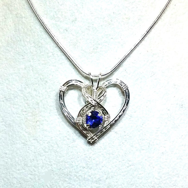 Personalized Gemstone Birthstone Heart Pendant Necklace Pendant Wire Wrapped Handmade in Silver Gift For Her image 1