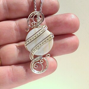 White Shell Womans Pendant Necklace Wire Wrapped Jewelry Handmade in Silver image 2