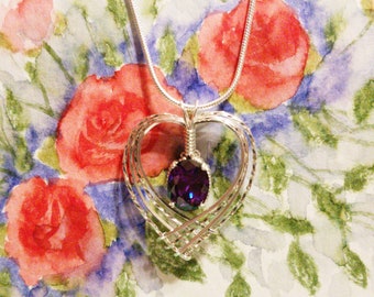 Heart Shaped Choose a Birthstone Womans Necklace Pendant Wire Wrapped Jewelry Handmade in Silver FREE SHIPPING