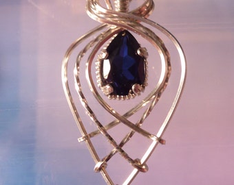 Delicate Pear Shaped Blue Sapphire Womans Pendant Necklace Wire Wrapped Jewelry Handmade in Silver FREE SHIPPING