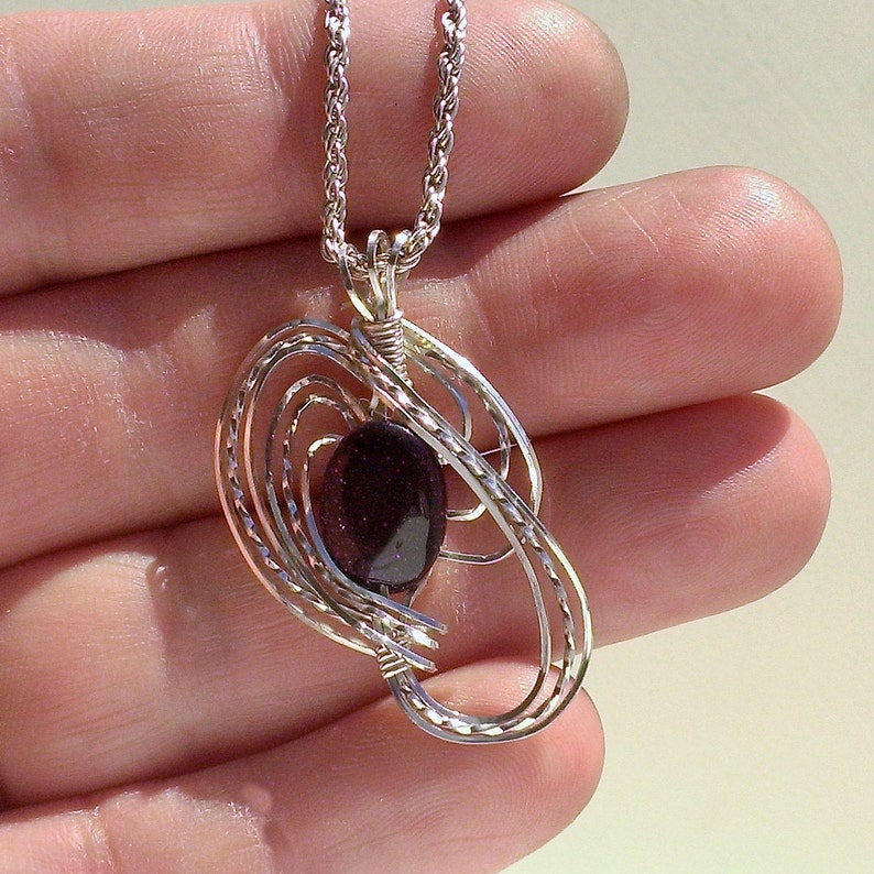 Blue Goldstone Womans Pendant Necklace Wire Wrapped Jewelry Handmade in Silver image 3