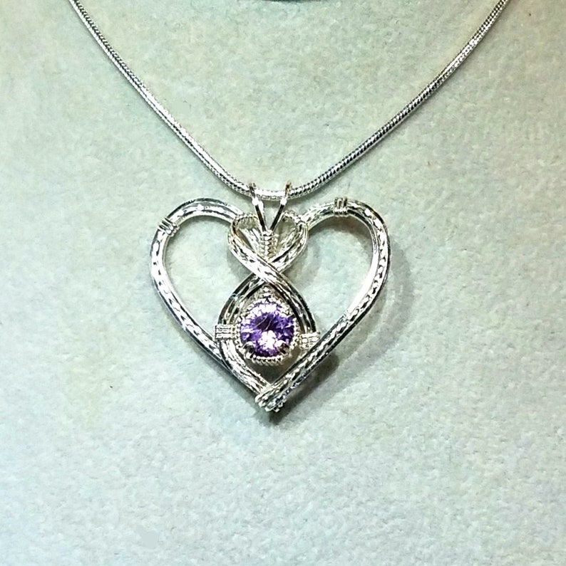 Personalized Gemstone Birthstone Heart Pendant Necklace Pendant Wire Wrapped Handmade in Silver Gift For Her image 2