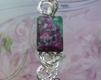 Magenta and Emerald Green Zoisite Womans Pendant Necklace Wire Wrapped Jewelry Handmade in Silver