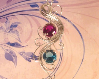 Personalized Two Birthstone Wedding Engagement Girlfriend Gift Necklace Pendant Wire Wrapped Handmade in Silver