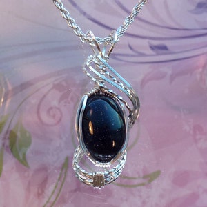 Blue Goldstone Pendant Necklace Handmade Wire Wrapped Jewelry  in Silver