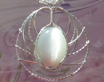 White Optic Womans Pendant Wire Wrapped Jewelry Handmade in Silver With Free Shipping