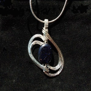 Blue Goldstone Womans Pendant Necklace Wire Wrapped Jewelry Handmade in Silver image 2