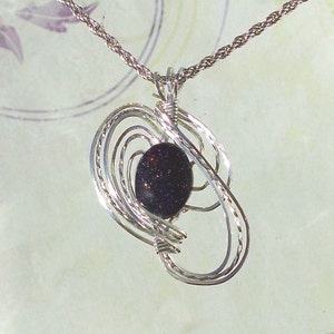 Blue Goldstone Womans Pendant Necklace Wire Wrapped Jewelry Handmade in Silver image 1