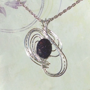 Blue Goldstone Womans Pendant Necklace Wire Wrapped Jewelry Handmade in Silver