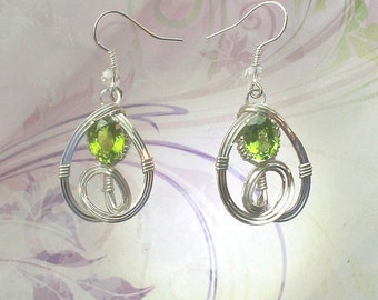 Natural Peridot Dangle Womans Earrings Wire Wrapped Jewelry Handmade in Silver FREE SHIPPING