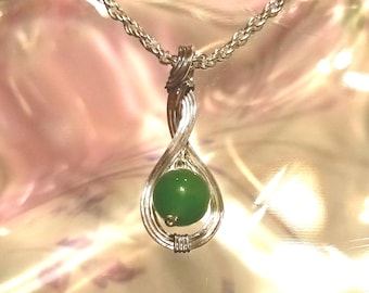 Green Jade Pendant Drop Pendant. Jade Necklace. Wire Wrapped Jade Necklace. Handmade Jade Pendant in Silver