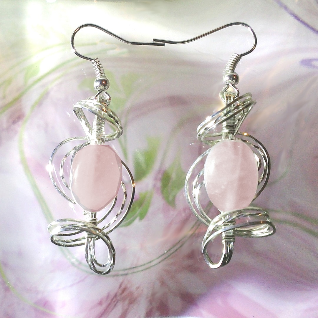 Pink Rose Quartz Earrings Wire Wrapped Womens Jewelry Handmade - Etsy