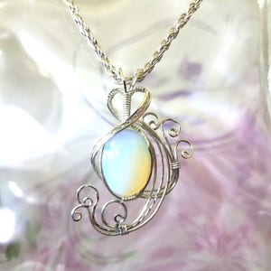 White Opalite Pendant Wire Wrapped Jewelry Handmade in Silver Wedding Bridal Gift