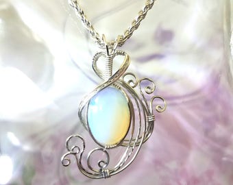 White Opalite Pendant Wire Wrapped Jewelry Handmade in Silver Wedding Bridal Gift