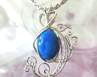 Blue Howlite Womans Pendant Wire Wrapped Jewelry Handmade in Silver With Free Shipping