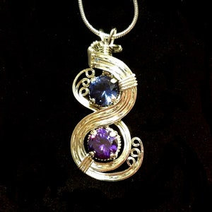 Personalized Two Birthstone Wedding Engagement Girlfriend Gift Necklace Pendant Wire Wrapped Handmade in Silver image 7